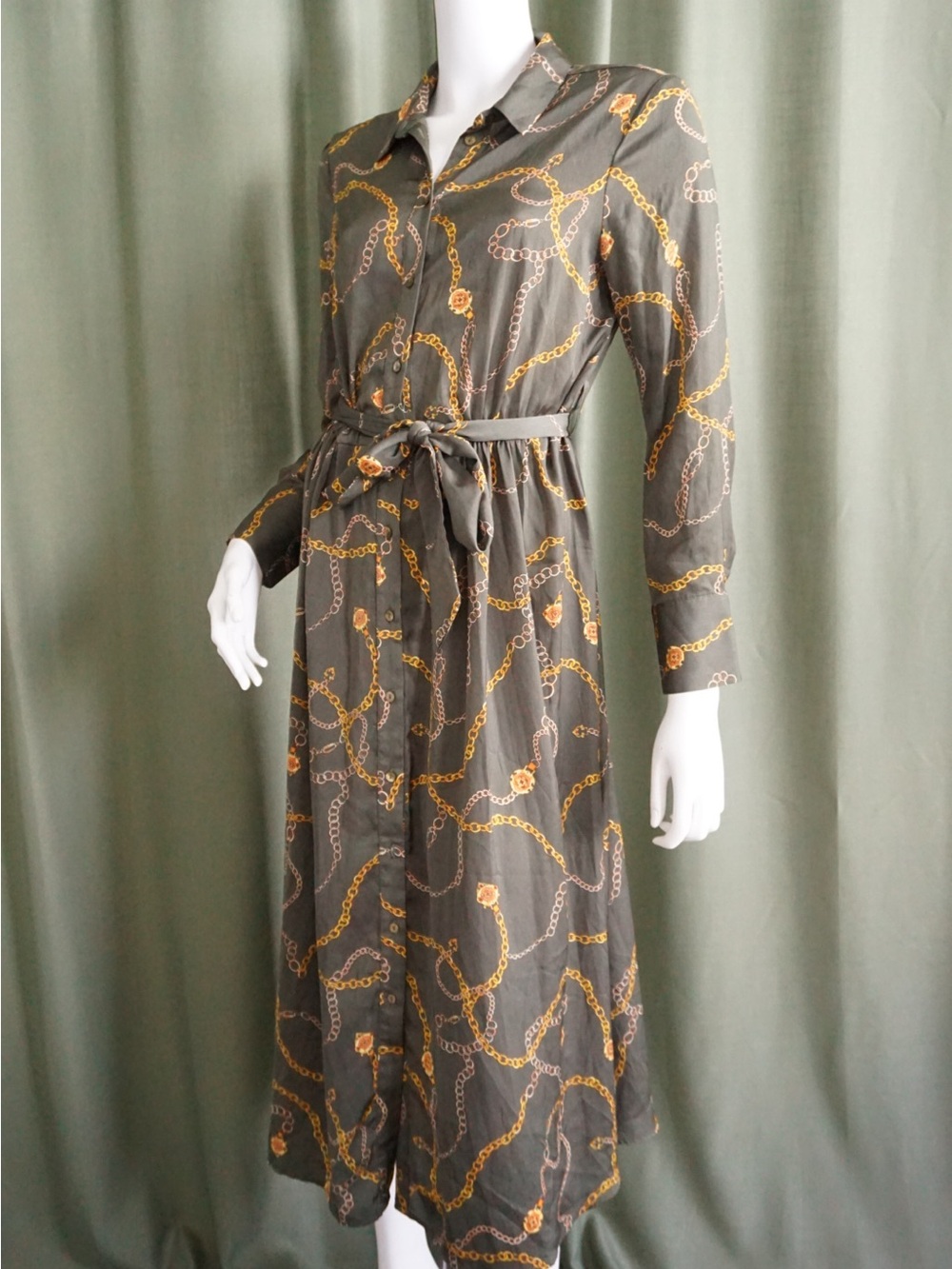 Mango Olive Chain Print Button Down Shirt Belted Dress - Size 6